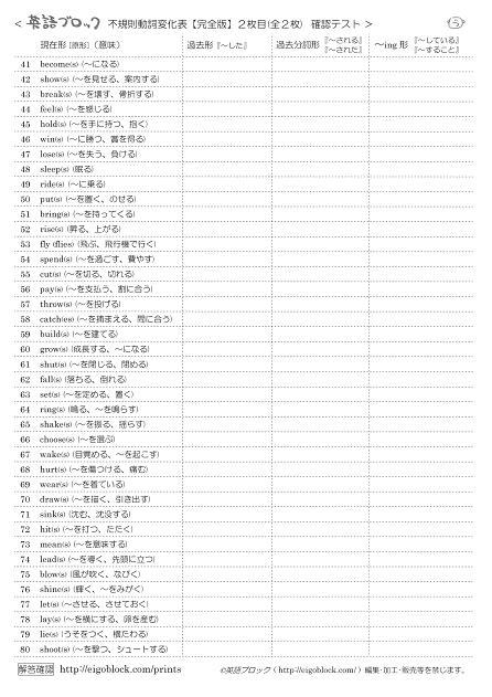 不規則動詞変化表 完全文 の確認テスト 無料プリント 英語ブロック