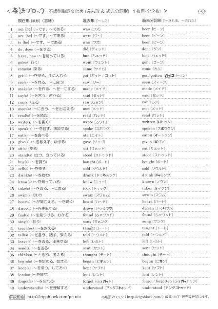 不規則動詞変化表 過去形と過去分詞形 無料プリント 英語ブロック