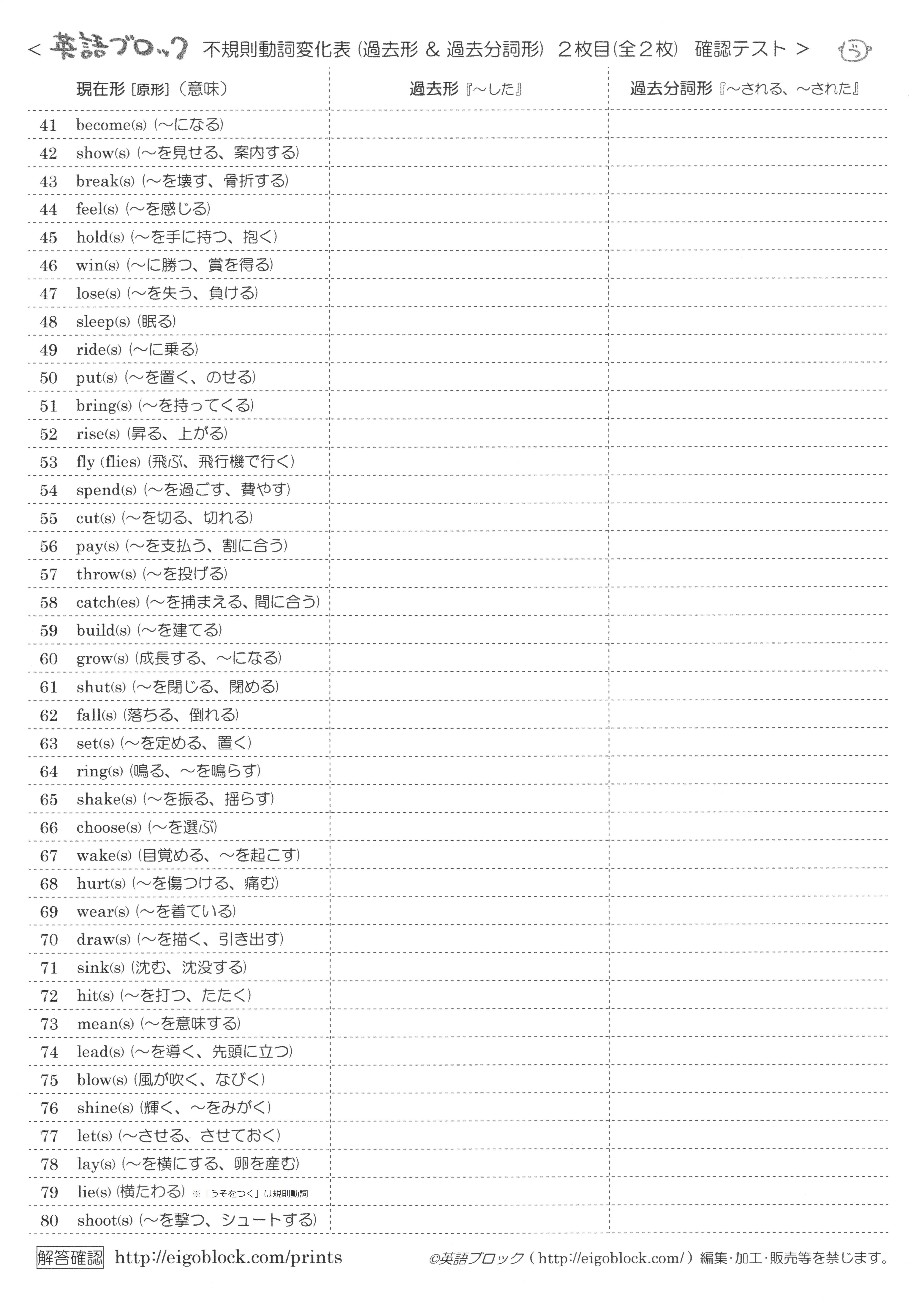 不規則動詞の過去形 過去分詞形の確認テスト まとめプリント 無料プリント 英語ブロック
