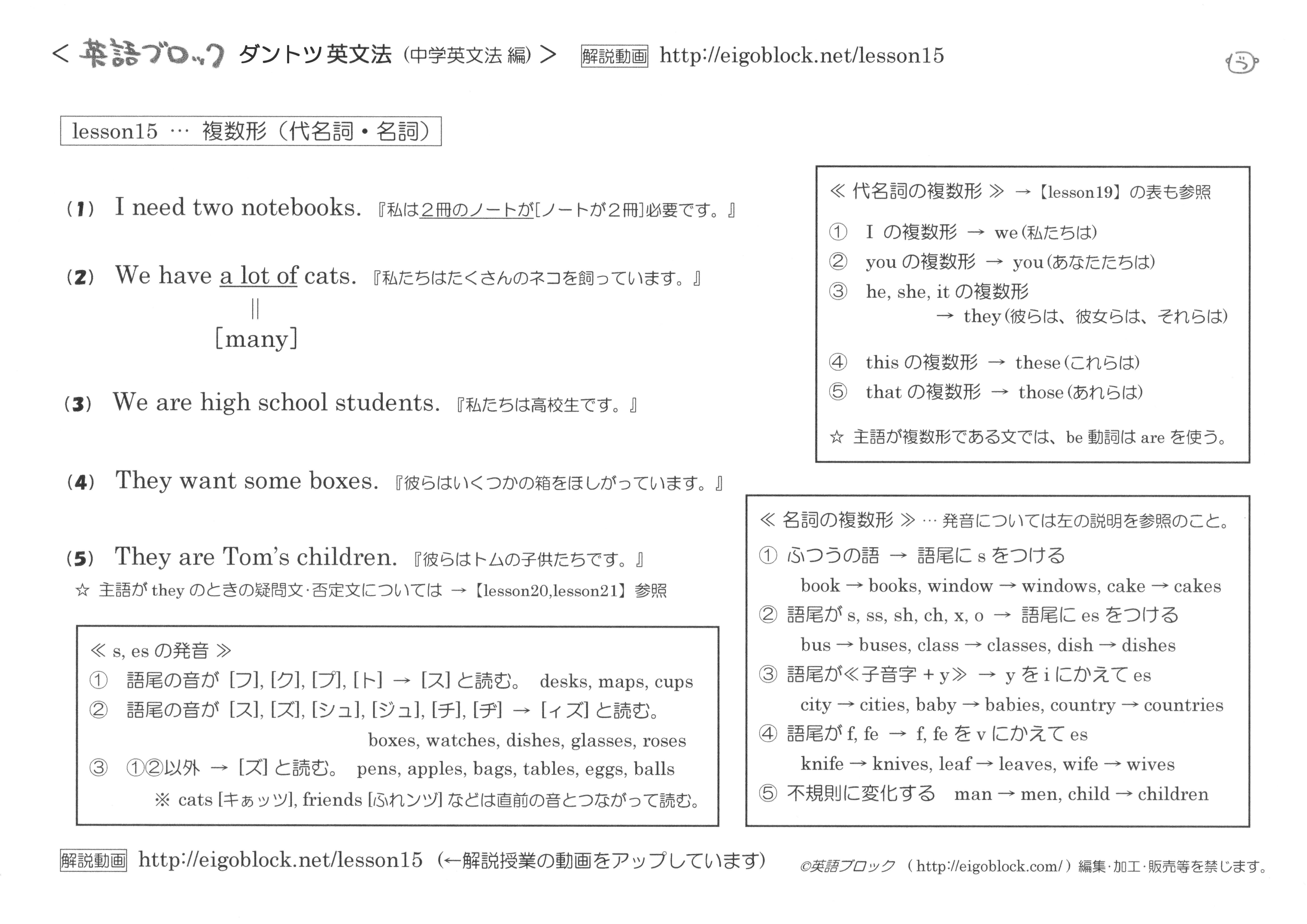 複数形 代名詞の複数形 名詞の複数形 まとめプリント ダントツ英文法 無料の説明動画 英語ブロック