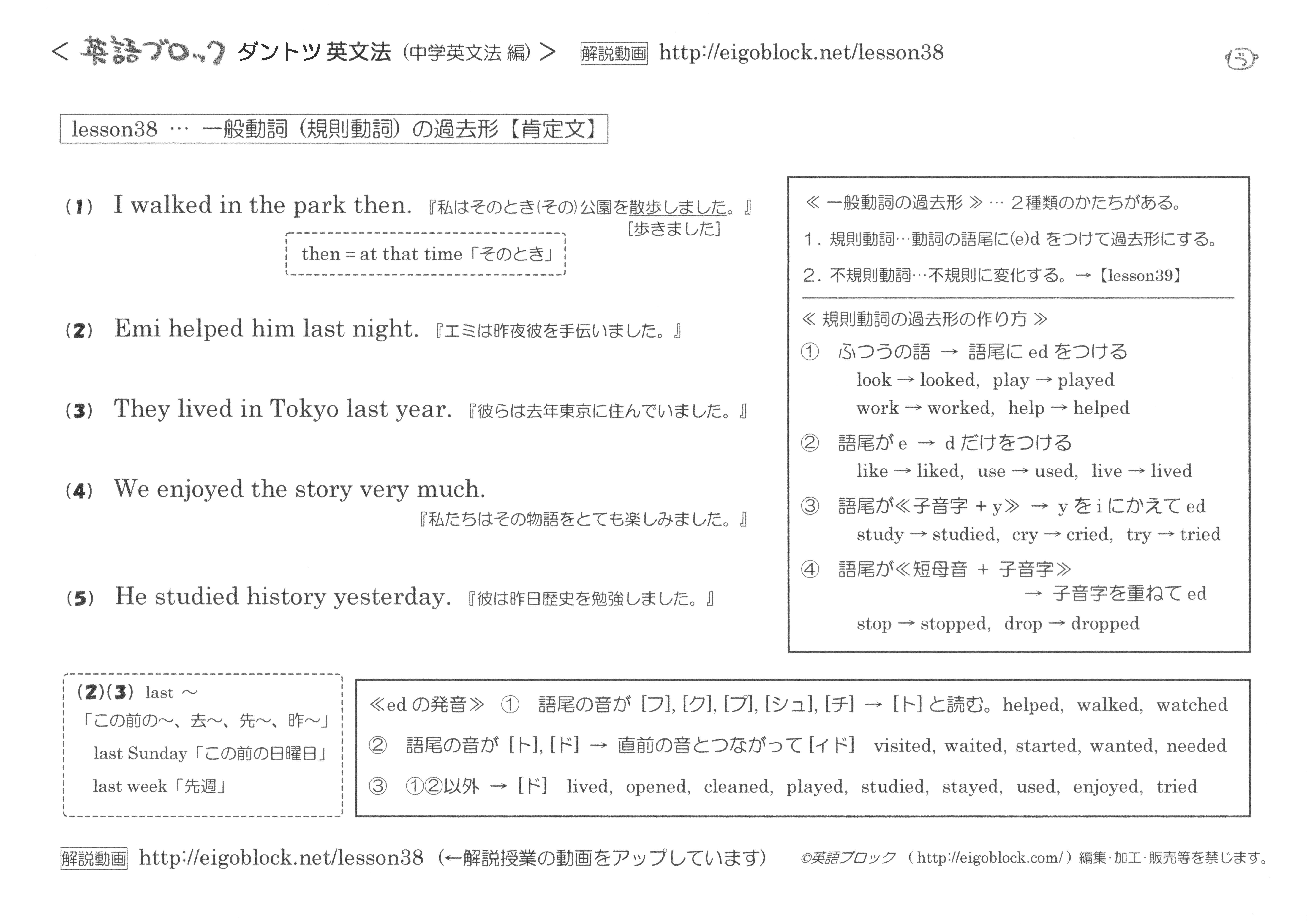 規則動詞の過去形 肯定文 Edをつける過去形 まとめプリント ダントツ英文法 無料の説明動画 英語ブロック