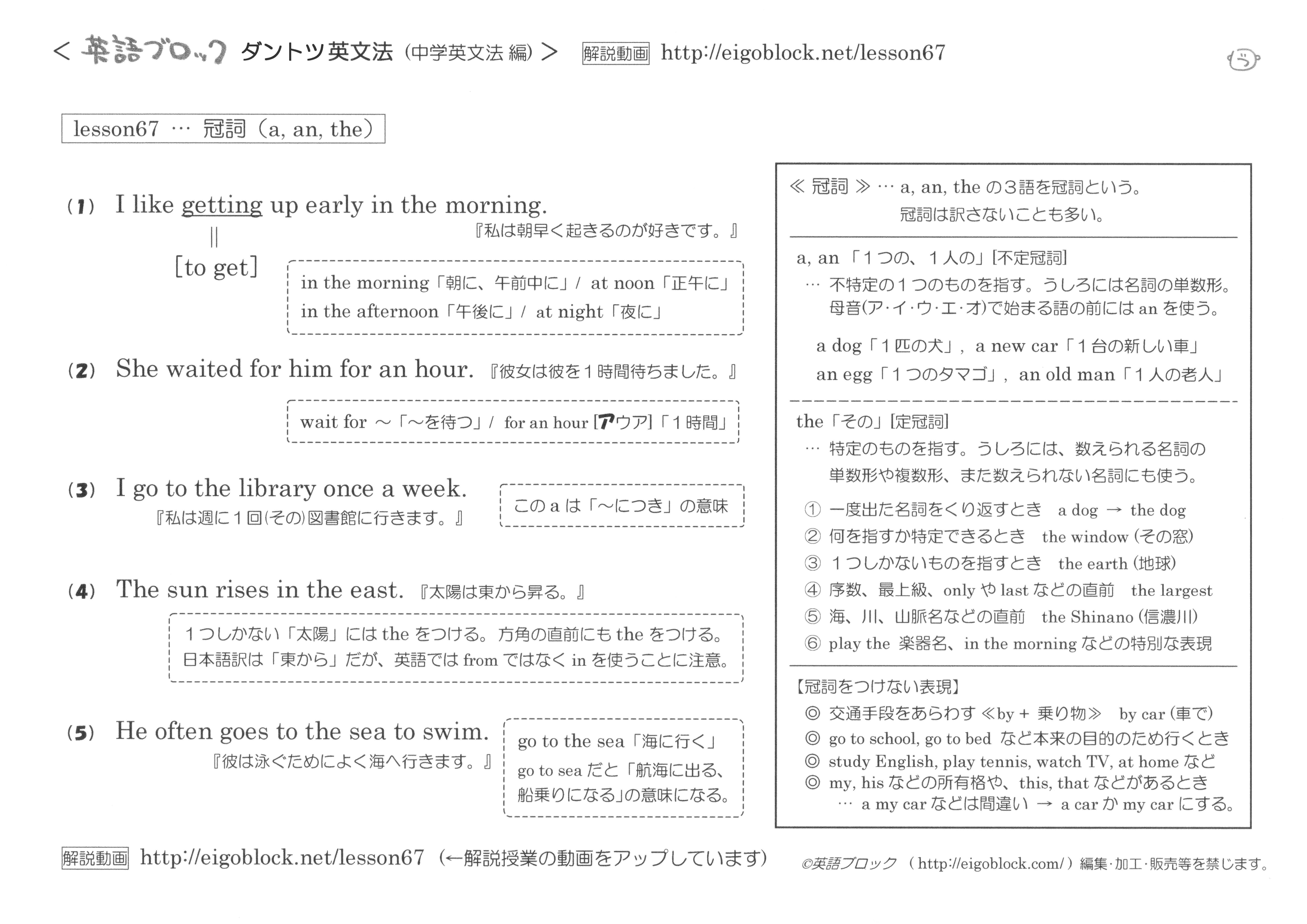 冠詞のa 冠詞のan 冠詞のthe まとめプリント ダントツ英文法 無料の説明動画 英語ブロック