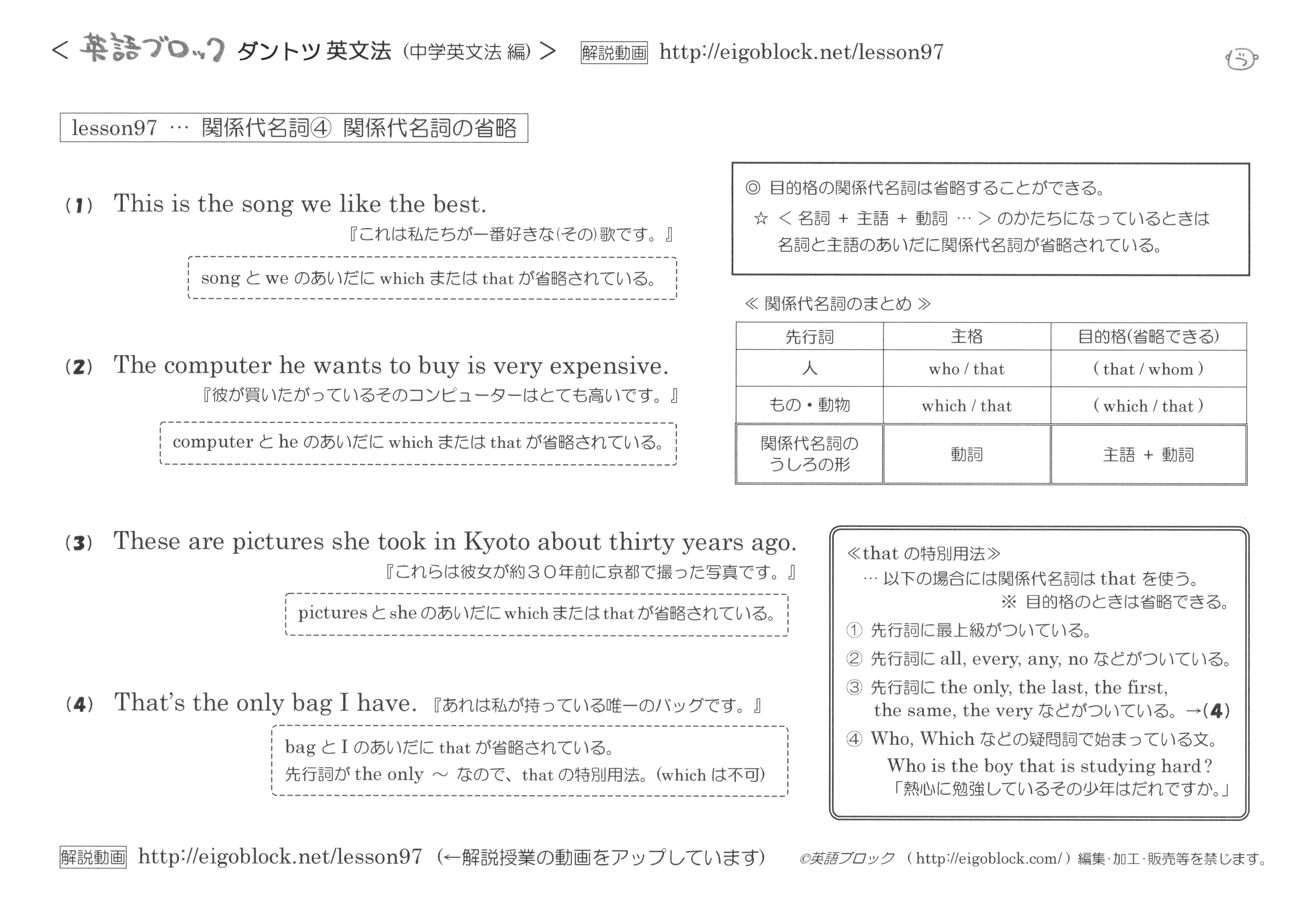 関係代名詞 省略できる関係代名詞 まとめプリント ダントツ英文法 無料の説明動画 英語ブロック 関係代名詞 省略できる関係代名詞 まとめプリント ダントツ英文法 無料の説明動画 英語ブロック
