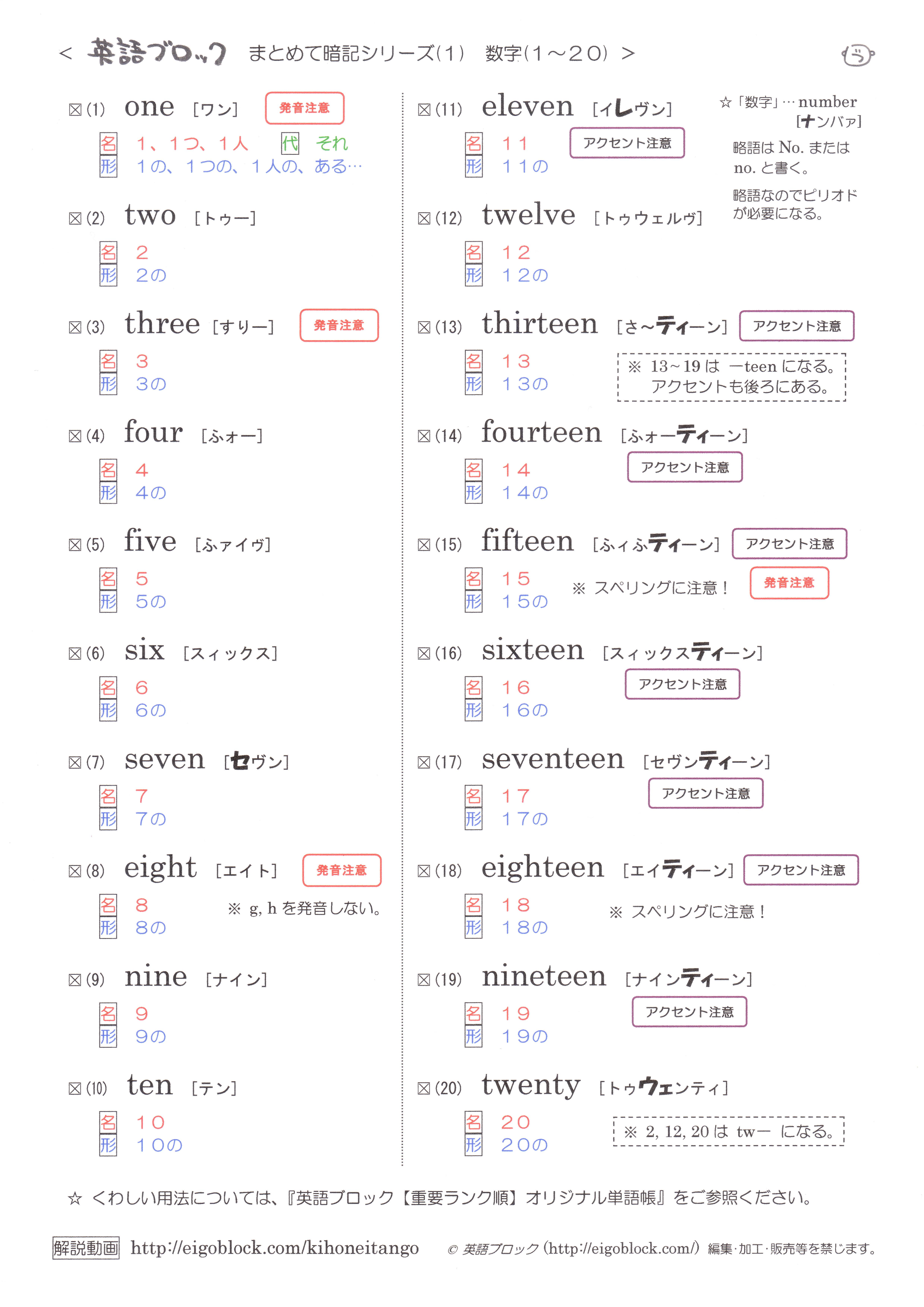 英語の数字 １ ２０ のまとめプリント 無料プリント 英語ブロック